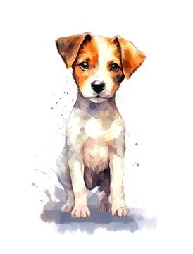 Watercolor cartoon illustration of a cute Jack Russell Terrier puppy on white background. Generative AI.