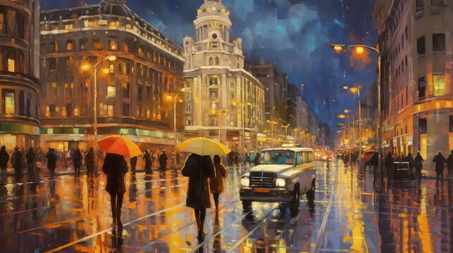 Madrid's Gran Via in a rainy weather in the night. Original oil painting on canvas. (ai generated)