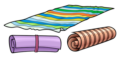 Cartoon set of cute doodle beach mats and rugs.