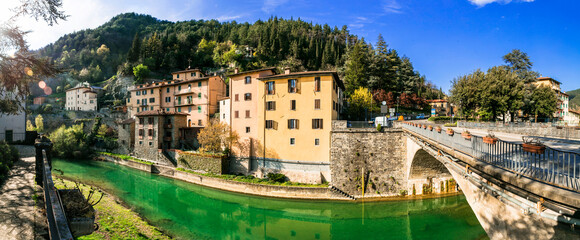 Marradi - charming picturesque village in Tuscany, Italy. Panoramic view with bridge and river