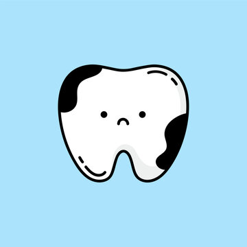 Tooth cartoon character covered with brown spots. Caries or tooth decay concept.
