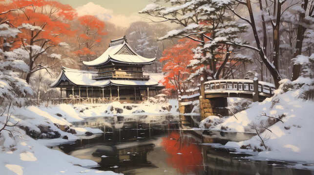2d illustration house in forest snow oil painting style (ai generated)