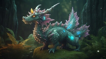 a small, adorable, hairy, fluffy, dragon dinosaur hybrid, with horns and wings, in a enchanted forest, in the style of magical animal, dragon in the water, Generative AI