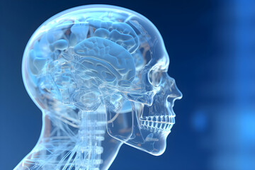 Transparent skull with brain inside with copy space for text. Generative Ai