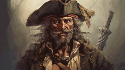 Obraz premium portrait of a pirate, An old art print of a pirate, portrait of a person in a hat, Generative AI