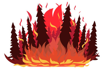illustration of a forest fire, heavy fire and smoke, burning trees and other plants, fire  - obrazy, fototapety, plakaty