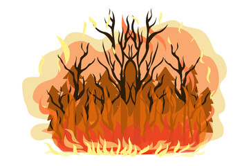 illustration of a forest fire, heavy fire and smoke, burning trees and other plants, fire 