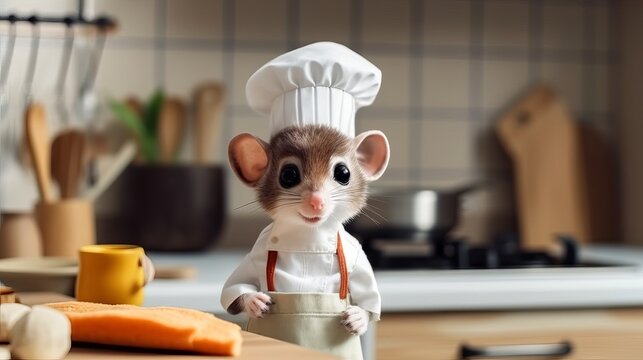 cute baby animal dressed as a chef, standing in a kitchen, chef in the kitchen, Generative AI