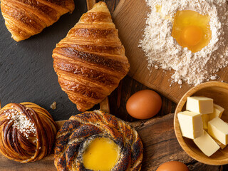 Freshly baked Swedish cinnamon bun, croissants and cream spandauer, butter, eggs and flour