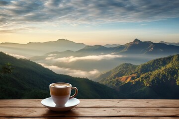 Top view serenity. Hot breakfast fresh cup of coffee on wooden table blur background
