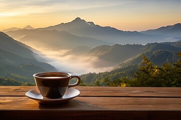 Top view serenity. Hot breakfast fresh cup of coffee on wooden table blur background