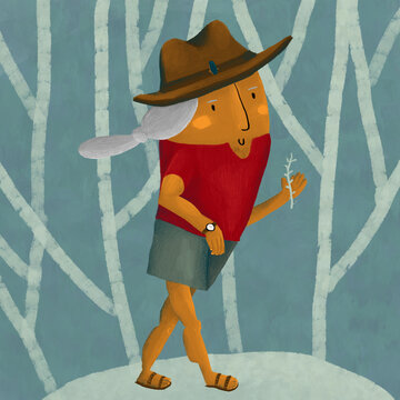 Calm senior woman with flower walking in forest
