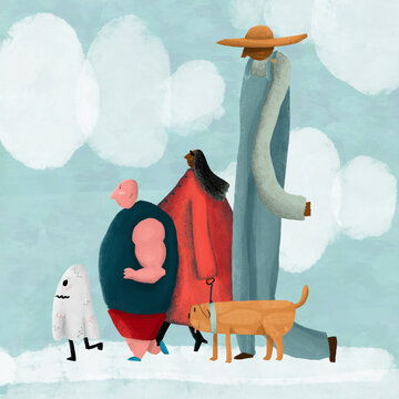 Funny people with dog and ghost walking together