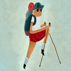 Active woman with sticks and backpack