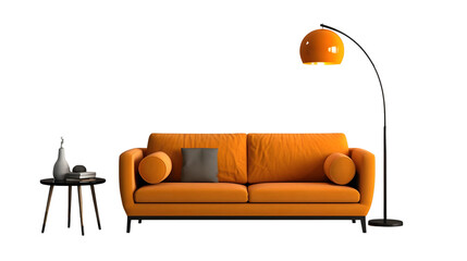 Midcentury sofa with pillow rug and floor lamp, transparent background, PNG - obrazy, fototapety, plakaty