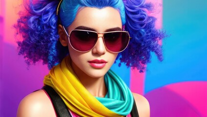 Glamorous hipster teenager in sunglasses. Portrait of millennial pretty girl with clothing and hairstyle in neon colors. Сoncept of nightclub. Generative AI