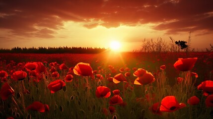 Sunrise over a field of Poppys, Sunrise over a field of Poppy, ambient glow, sunset in the field, Generative AI