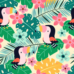 tropical seamless pattern with toucan and leaves