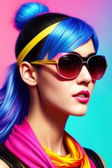 Fototapeta na wymiar Glamorous hipster teenager in sunglasses. Vertical view portrait of millennial pretty girl with clothing and hairstyle in neon colors. Сoncept of nightclub. Generative AI