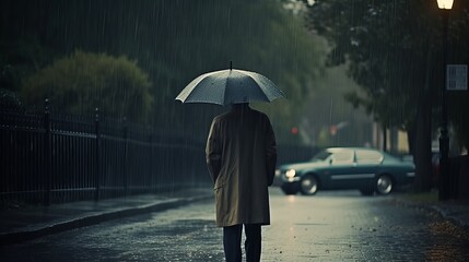 man walking in the rain, cinematic, atmospheric, businessman walking with umbrella in the rain, Generative AI