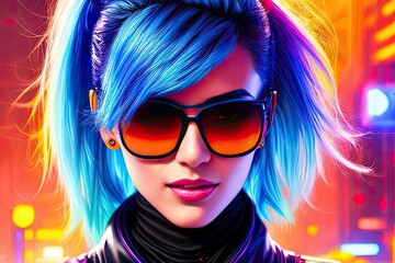 Glamorous hipster teenager in sunglasses. Portrait close up of millennial pretty girl with clothing and hairstyle in neon colors. Сoncept of nightclub. Generative AI