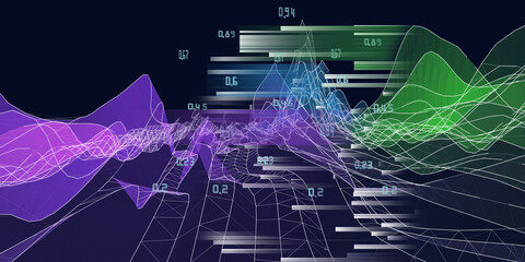 Abstract background color graph  wavy whit  blurred lines data on dark. Technology wireframe interlacement concept in virtual space.  Big Data. Banner for business, science and technology.