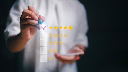 Women giving five yellow stars indicate the highest level of customer satisfaction and evaluation for a high-quality product and service on a futuristic virtual interface screen.