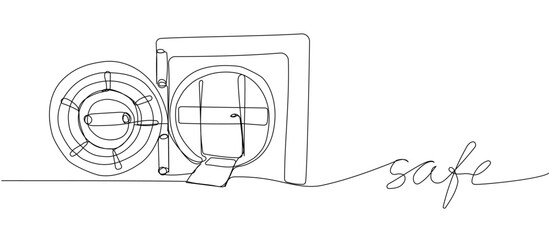 Large Safe Bank, protection, security one line art. Continuous line drawing of bank, money, finance, financial, payment, data, savings, economic, credit with an inscription, lettering, handwritten.