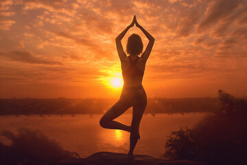 yoga exercise as the sun rises, digital illustration , ai generative.