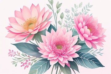 Watercolor drawing of beautiful pink flowers in a delicate composition. Generative AI