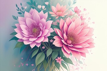 Watercolor drawing of a bouquet of bright pink flowers. Generative AI