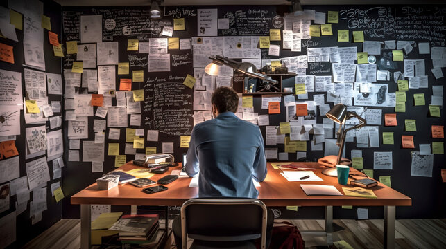 Person Working Infront Of A Wall Covered With Post Its And Sticky Notes Created With Generative Al Technology