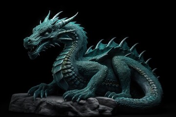 Obraz premium A statue of a green dragon that sits on a stone. Symbol of the Year. Generate Ai Generative AI