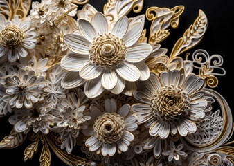 Fototapeta na wymiar Paper made flowers Quilling craft technic white and gold abstract background lines Created with Generative AI technology