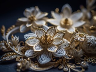 Fototapeta premium Paper made flowers Quilling craft technic white and gold abstract background lines Created with Generative AI technology