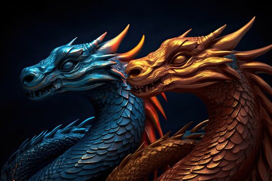 The symbol of the year according to the Eastern calendar. Two silhouettes of dragons gold and blue on a dark background. Generate Ai Generative AI