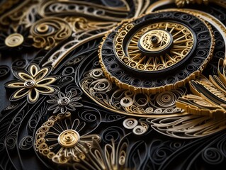 Fototapeta na wymiar Paper made Quilling craft technic black and gold abstract background lines Created with Generative AI technology