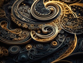 Paper made Quilling craft technic black and gold abstract background lines 