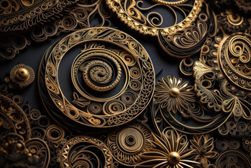 Paper made Quilling craft technic black and gold abstract background lines 