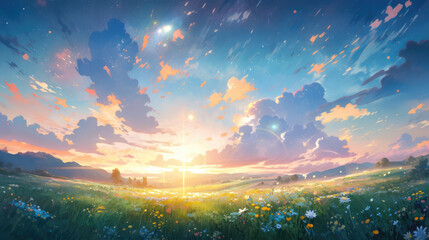 Sunrise in the Silesian Valley : Blooming Meadow in Nature : Tranquil Silesian landscape by Generative AI