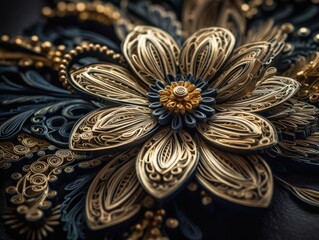 Paper made flowers Quilling craft technic black and gold abstract background lines Created with Generative AI technology