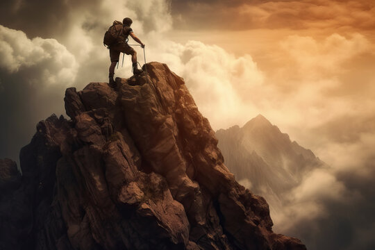 Ai generative illustration of one person climbing a mountain in the peak at sunset enjoying the views