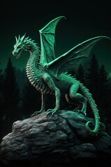 Obraz premium A large emerald dragon stands on a rock against a dark background at night. Generate Ai. Generative AI