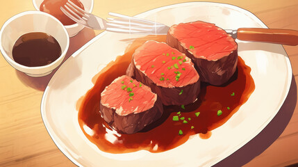 Beautiful Tenderloin Steak with Steak Sauce in Japanese Anime Art Style. With Licensed Generative AI Technology Assistance.