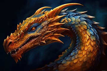 The symbol of the year according to the Chinese calendar. Orange dragon head with horns on a dark background. Generate Ai. Generative AI