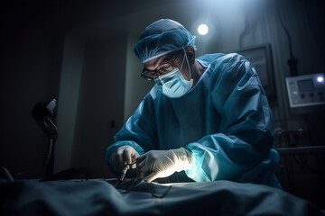 Generative AI illustration of male surgeon in protective nylon coat with head wear and gloves performing surgical medical procedure in hospital