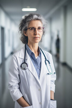 Generative AI illustration of senior female doctor in uniform and eyeglasses with stethoscope looking at camera while standing in passage of clinic