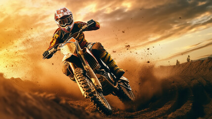 Dirt bike rider doing a big jump. Supercross, motocross, high speed. Sport concept - obrazy, fototapety, plakaty