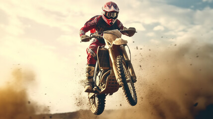 Obraz premium Dirt bike rider doing a big jump. Supercross, motocross, high speed. Sport concept