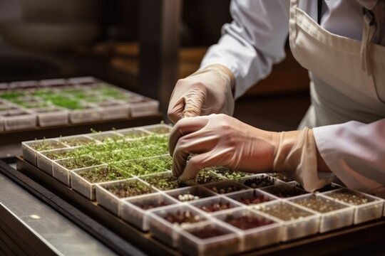 A person checking the samples of micro greens in a micro greens farm. Generative ai